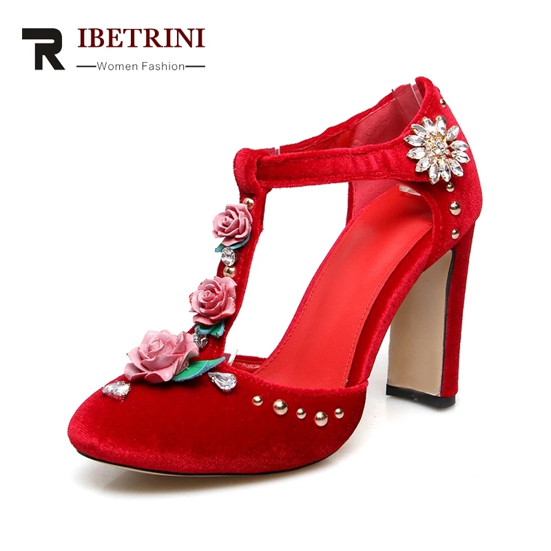 

RIBETRINI 2018 High Quality Slip On Crystal Women Shoes Chunky High Heels Platform Women Pumps Shoes Large Szie 34-43
