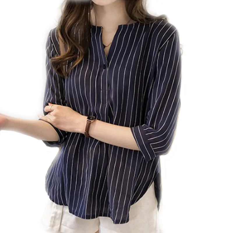 

Women 2019 Summer Blouse And Shirt Casual O Neck Plus Size 3XL Tops Female Korean Style Office Striped Loose Blouses With Button
