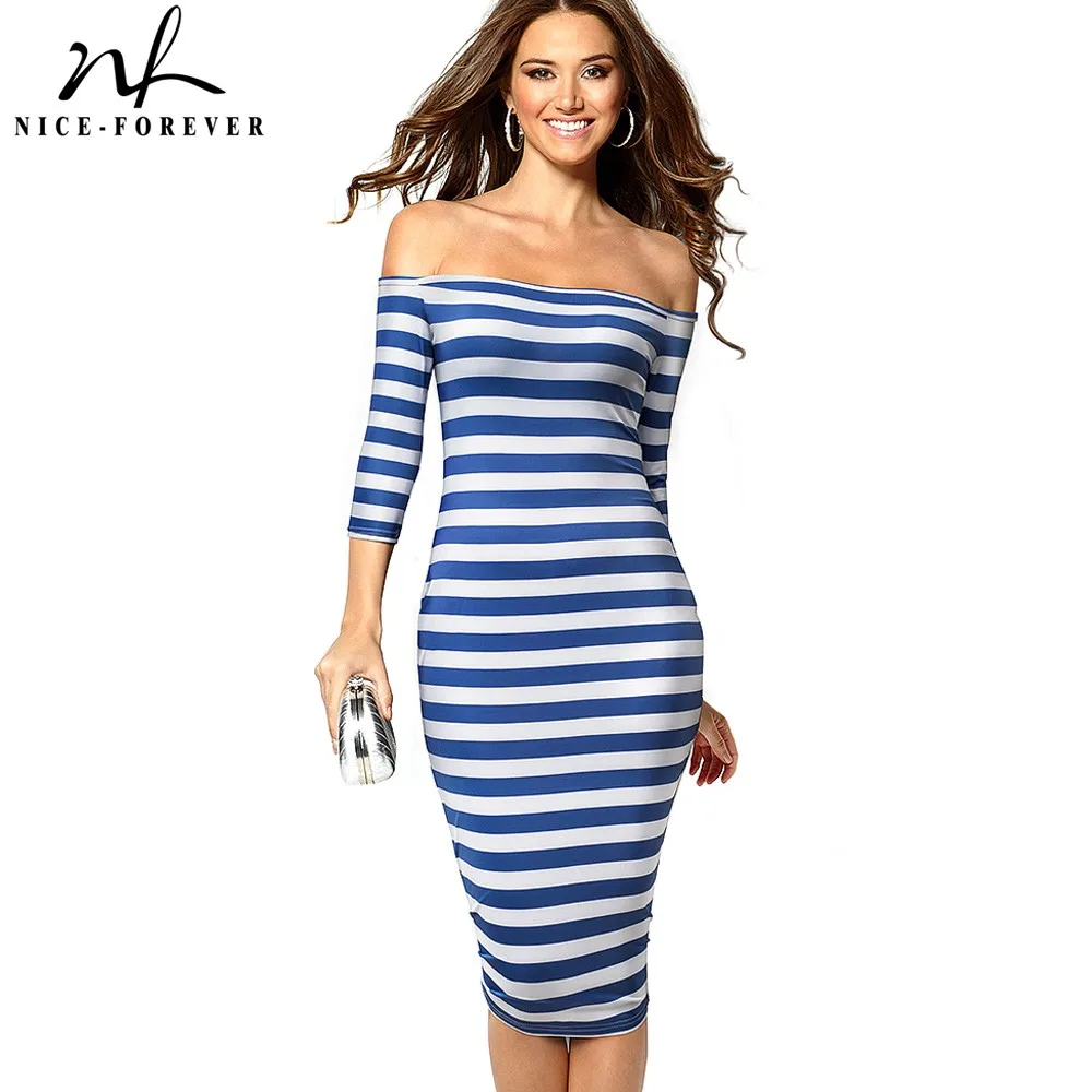 

Nice-forever Causal Contrast color Patchwork Stripes vestidos Off Shoulder Bodycon Business Party Sheath Women Dress bty703