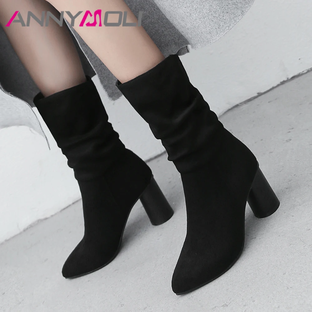 

ANNYMOLI Winter Western Boots Shoes Women High Heel Boots Pointed Toe Round Pleated Western Boots Autumn Ladies Footwear Black