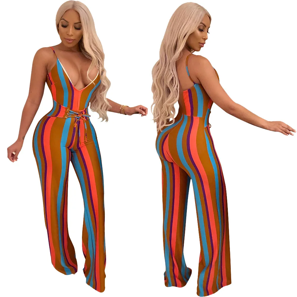 Sexy Lace Up Waist V Neck Long Leotard Women Spaghetti