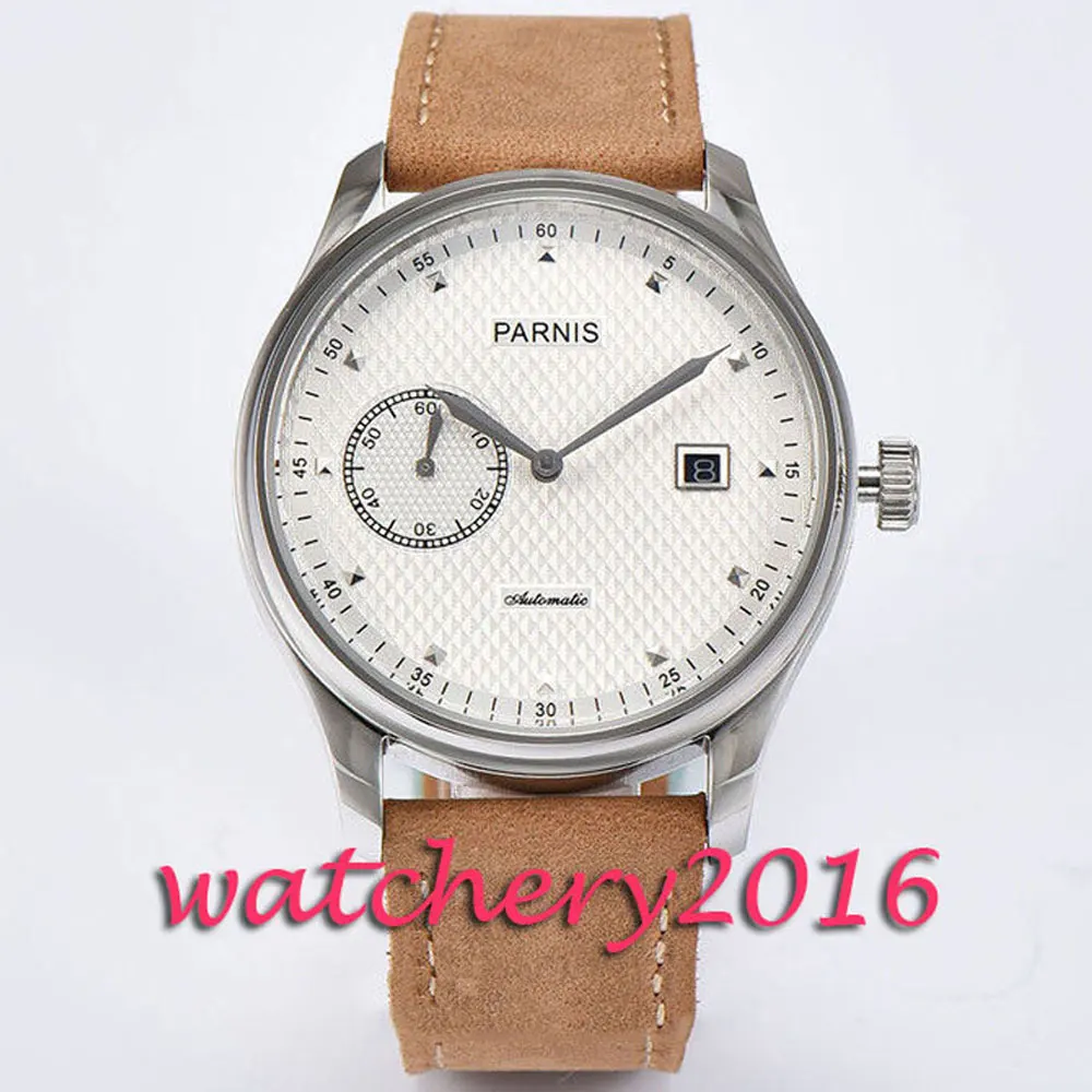 

New 43mm Parnis white dial silver markers date adjust automatic movement mens watches top brand luxury automatic Men's watch