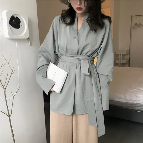 2019 Retro Lazy Style Camisa Feminina Pure Color Tie Slim Waist V Neck Lace Up Top Medium Length Long Sleeves Shirt Loose |