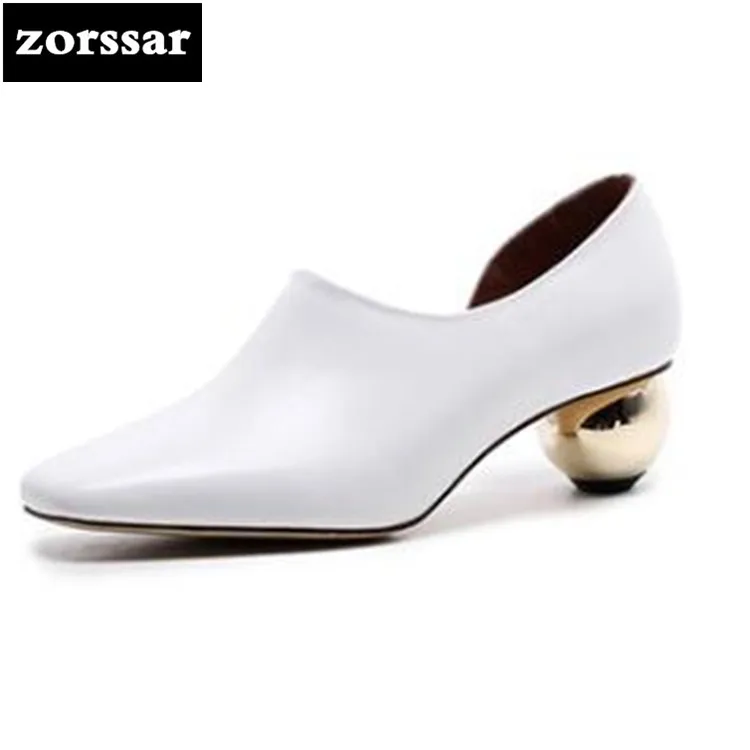 

{Zorssar} 2018 New Genuine Leather strange style heel women heels pumps Shallow Pointed toe High heels Fashion women's shoes