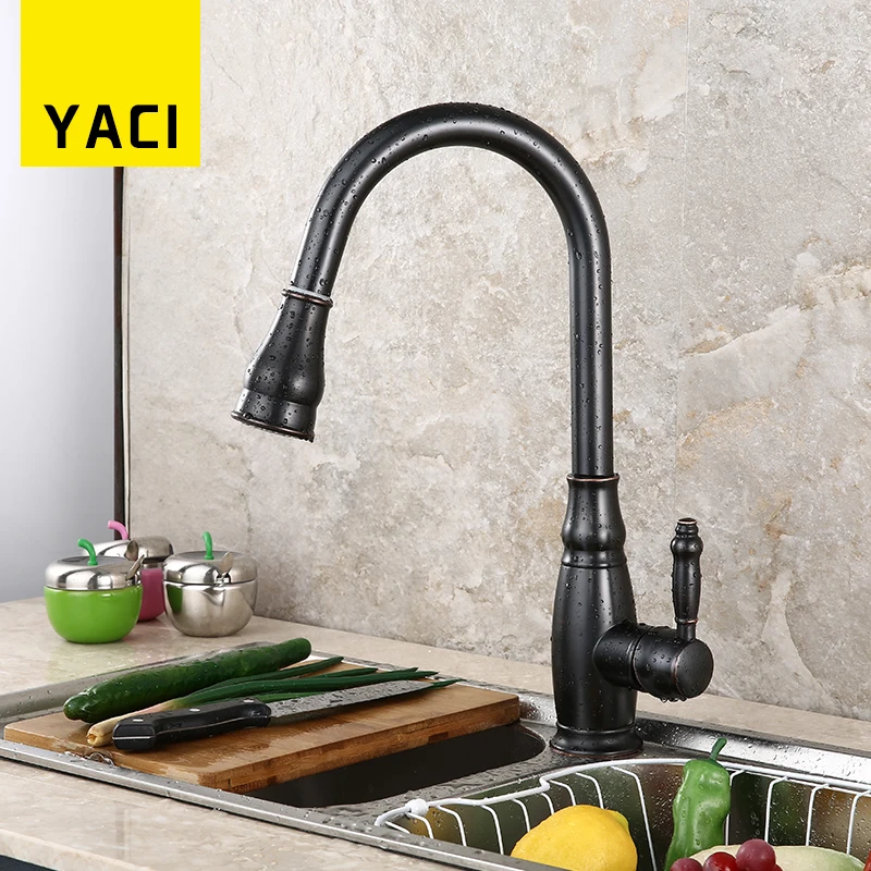 YACI Kitchen Faucet Antique Solid Brass Swivel Pull Out Faucet Blackened 360 Degree Rotation