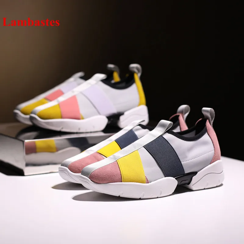 

2018 Shoes Women Pink Mixed Color Designer Slip On Round Toe Women Sneakers Shallow Suede Wedges Casual Shoes Cozy Women Pumps