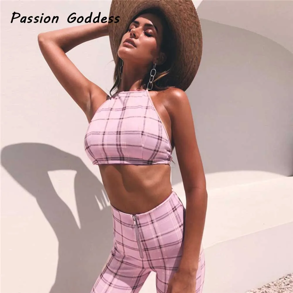 

Elegant Women 2 Piece Plaid Suits Houndstooth Tank Tops High Waist Front Zipper Pants Pantalon Halter Bandage Bustier Strapless