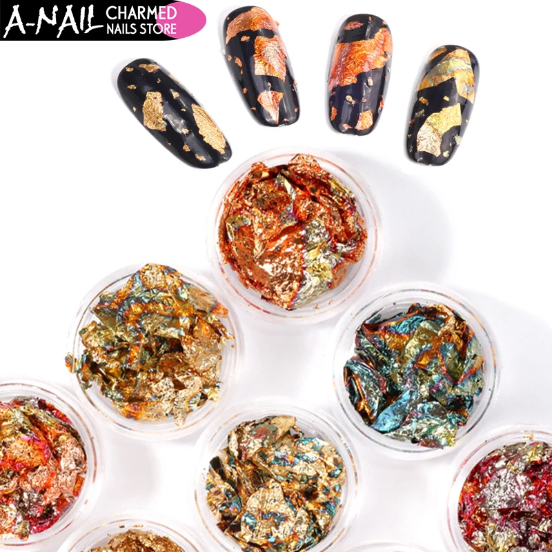 12 Colors/set Nail Foils Sticker Gold Silver Glitter Adhesive Glue Image Transfer Paillette Flake Chip Foil Paper Nail Art Tips