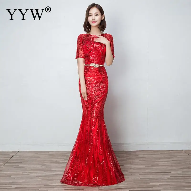 Gold Sequins Luxury Evening Dress Women Slim Elegant Mermaid Long Party Gowns Floral O Neck Sexy Special Occasion Wear For Women - Цвет: red
