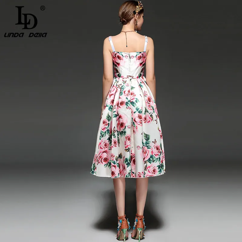 Женское платье на тонких бретелях LD LINDA DELLA, летнее платье с открытой спиной, повседневное белое платье с цветочным принтом из роз