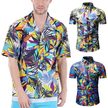 

2019 Fashion Mens Hawaiian Shirt Male Casual Printed Beach Shirts Printed colorful Short Sleeve Shirts camisa masculina