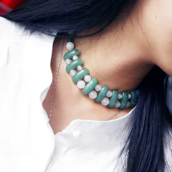 

Brief paragraph collarbone chain Pure manual weaving dongling stone beads and white beads necklace charm female style