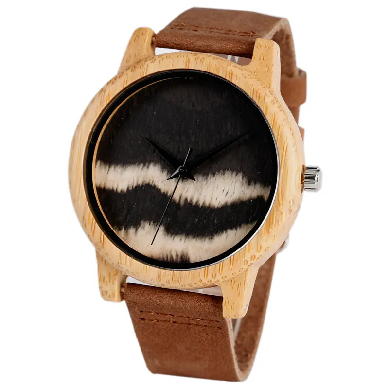 White Dial Wave Bamboo Wood Watch Men Creative Nature Light Clock Genuine Leather Bangle reloj madera hombre 2017 Gifts  (1)