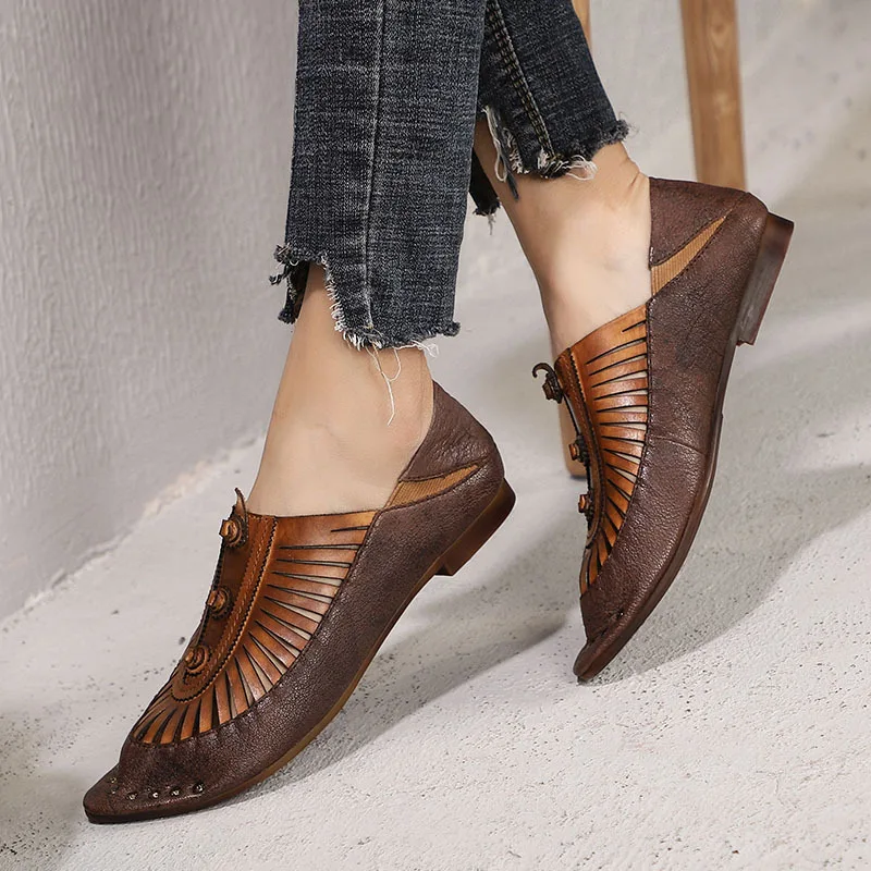 

Artdiya Original Spring and Summer 2019 New Pointed Toe Low Heels Women Shoes Retro Genuine Leather Handmade Rivet Shoes