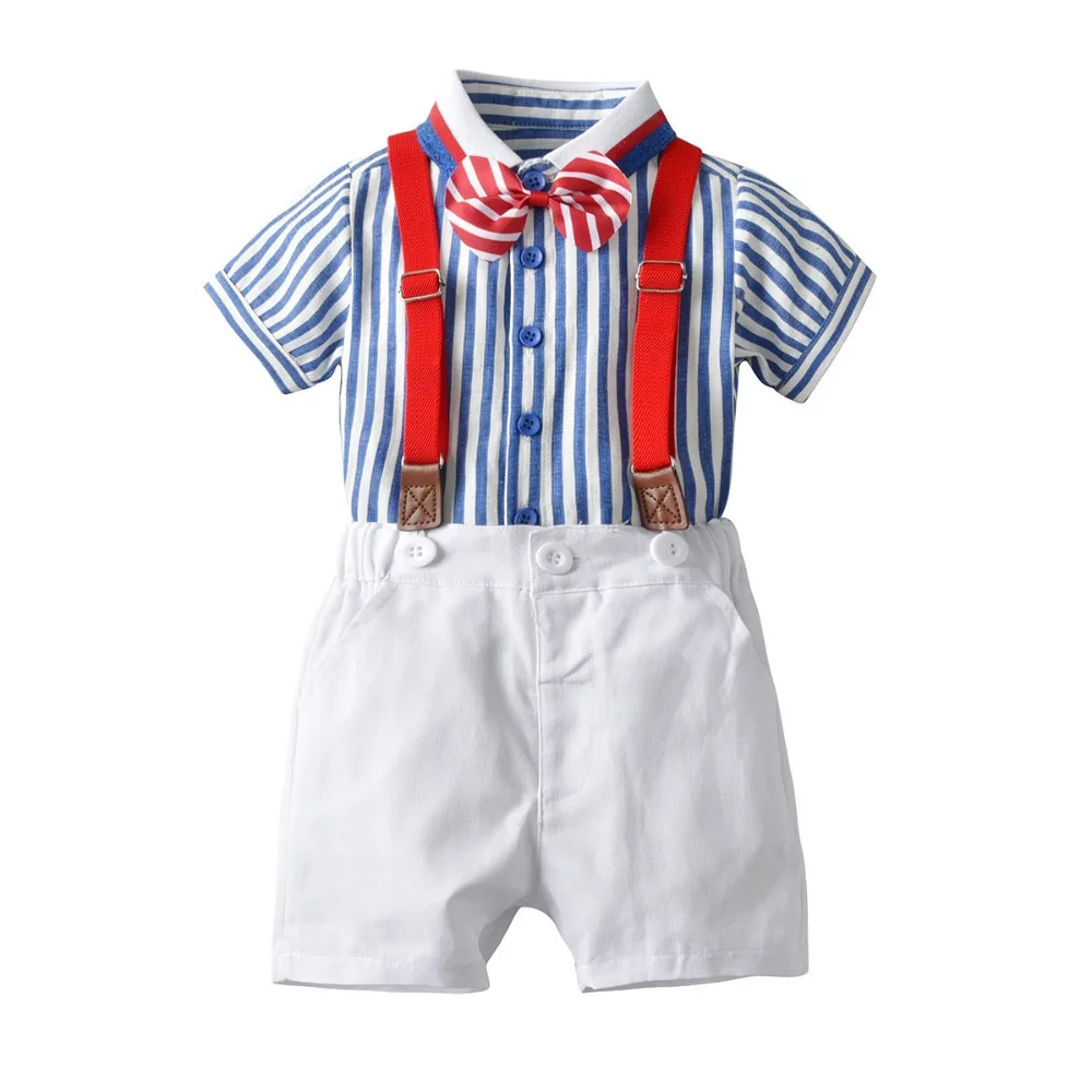 

Retail 2019 Children Sets Boy Striped Bow Shirts with cotton Overalls Baby Boy Clothes Fashion England Style Outfits