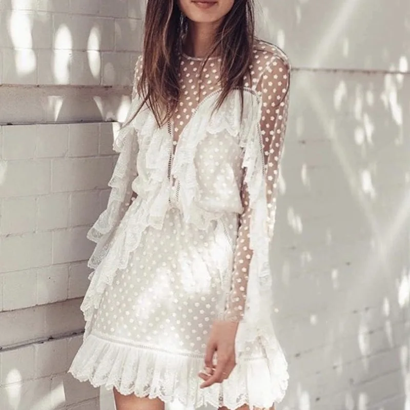 

2019 New woman vintage dress long sleeve O-neck Voile lace embroidery sexy causal wear summer beach mini dresses Luxury