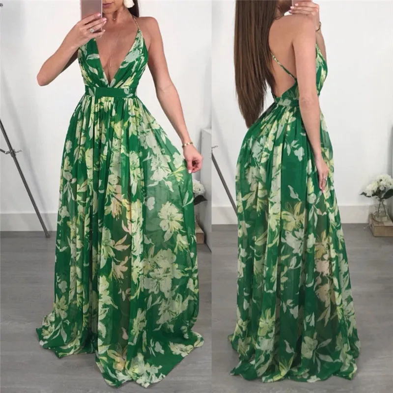 

Women Boho Long Maxi Dress Sexy Deep V Neck Beach Dress Casual Banquet Party Sundress Summer Holiday