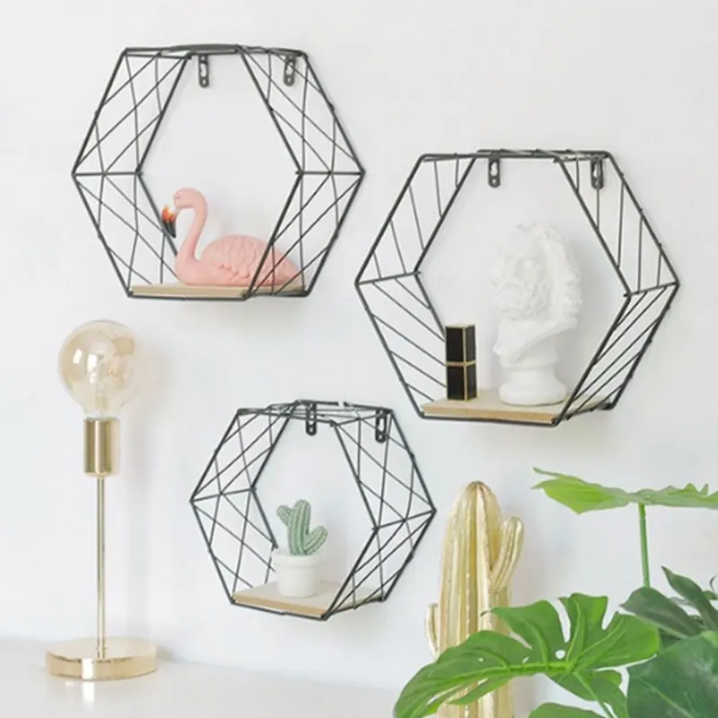 

Hexagonal Shelf Wall Bookshelf Modern White/Black Storage Rack Innovative Decorate Iron Display Shelf Hanging Geometric Shelf