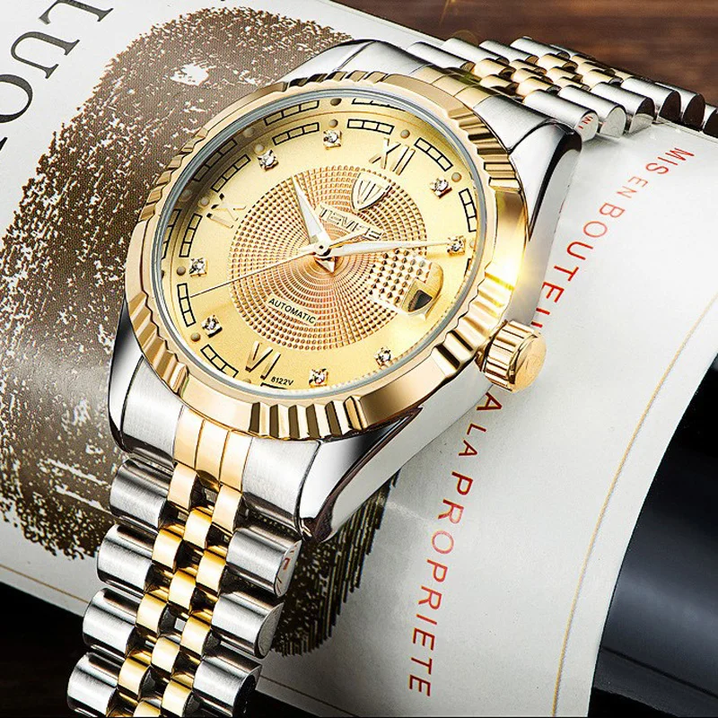 

Tevise Men's Watch Luminous Hands Waterpoof Stainless Steel Fashion Top Luxury Brand Rhinestones Auto Mechanical Clock Gold 2018