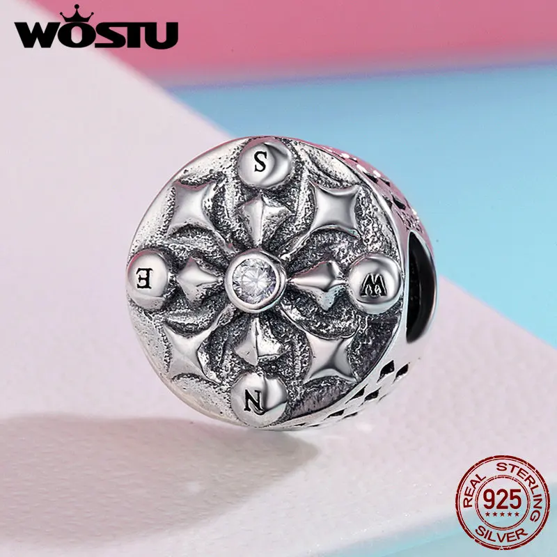 WOSTU Authentic 100% 925 Sterling Silver Compass Arrow Geometric Charm Beads fit Charm Bracelets Women DIY jewelry FIC278