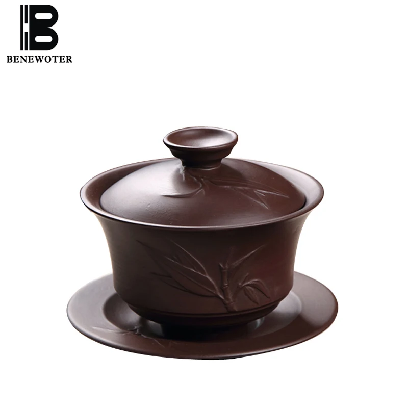 

150/170cc Yixing Purple Clay Gaiwan Embossed Bamboo Pattern Vintage Drinkware Office Tea Ceremony Tieguanyin Puer Teapot Gifts