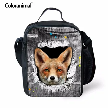 

Coloranimal 3D Puppy Fox Print Children Casual Thermal Insulated Lunch Case Denim Animal Design Messenger Bag Kid Tote Lunch Bag