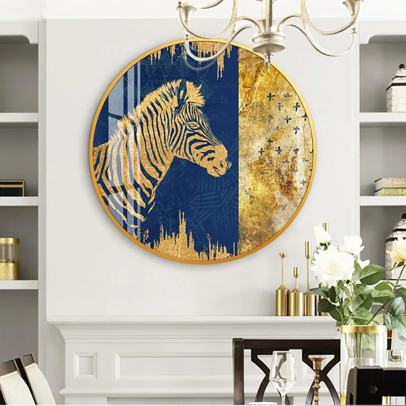 

European living room sofa background wall decorative painting Round crystal porcelain Entrance painting zebra golden mural