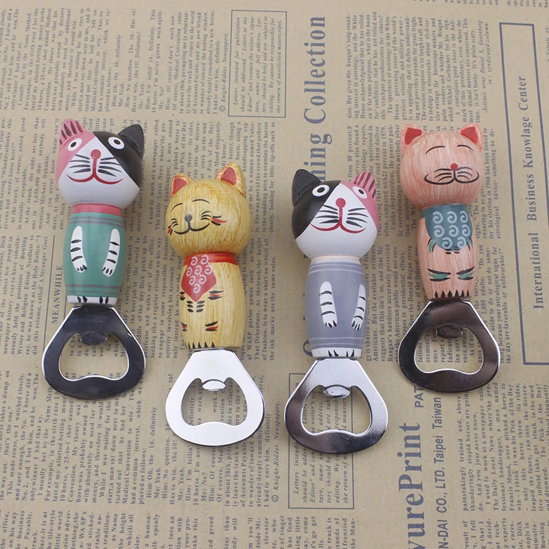 

New Cute Cartoon Wooden Cat Beer Bottle Opener Stainless steel Portable Fridge Magnetic Can Bottle Openers Kitchen Tools