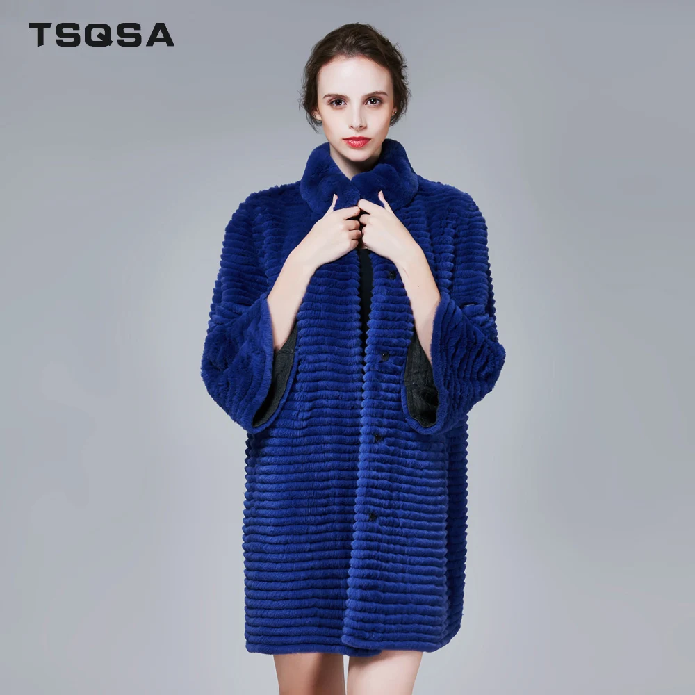 

TSQSA Naturl Rex Rabbit Fur Coat For Women Real Fur Lady Clothes Autumn Winter Fashion Fur Girl’s Striped OverCoat TAC1724