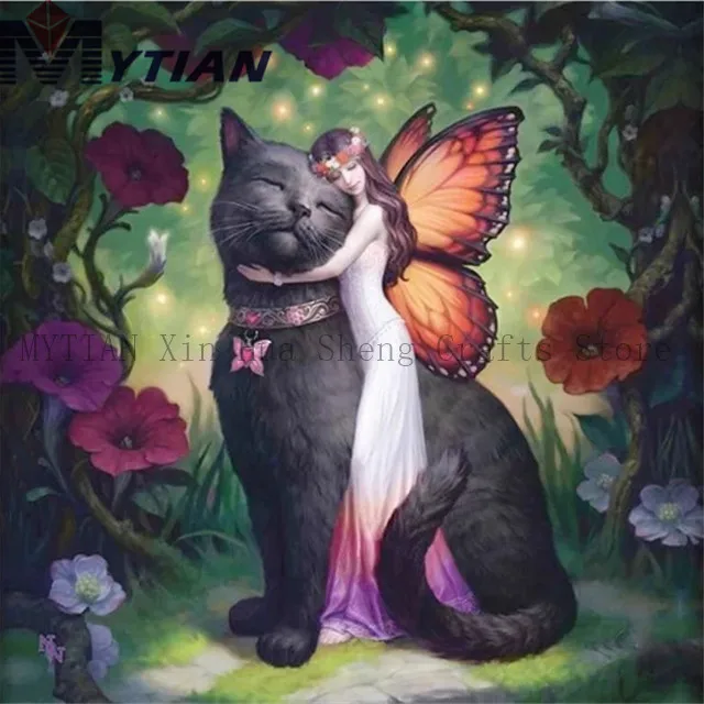 18092846 Fairy Hugging Black Cat,5D Diamond Painting Art Kit,Beauty Girl With Butterfly Wings Diamond Embroidery Full Square Round Drill