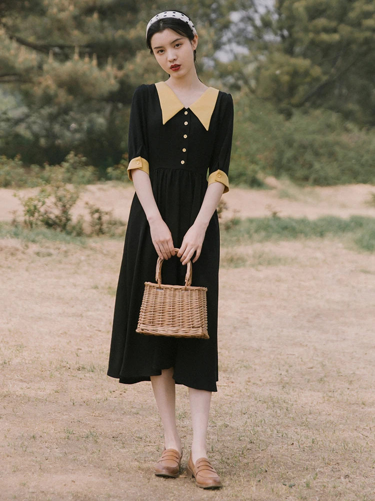 

2019 new fashion women's dresses French retro black summer dress and long temperament