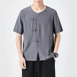 Мужская футболка в китайском стиле кунг-фу, летние тонкие удобные дышащие свободные футболки с короткими рукавами и v-образным вырезом