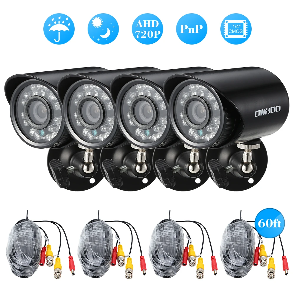 

OWSOO 4PCS AHD CCTV Camera Kit 720P 1500TVL Waterproof Outdoor Security Camera System Night View +4*60ft Surveillance Cable