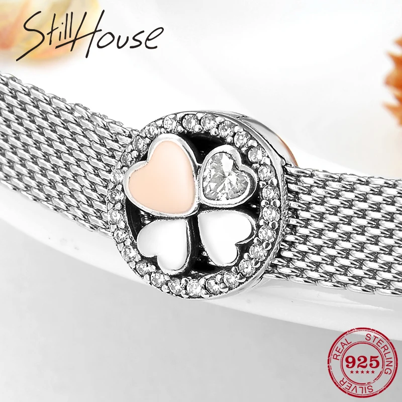 

Hot 925 Sterling Silver Crystal CZ Lucky Clover Round Clips Beads Fit Reflections Bracelet Original Clip Charm Women Jewelry
