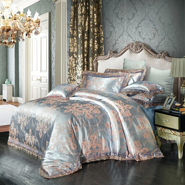 Aliexpress Blue Grey Jacquard Tribute Silk Bedding Set Blue Grey Jacquard Tribute Silk Bedding Set Modal Duvet Cover Cotton Sheet Pillowcase Lace Bed Linens