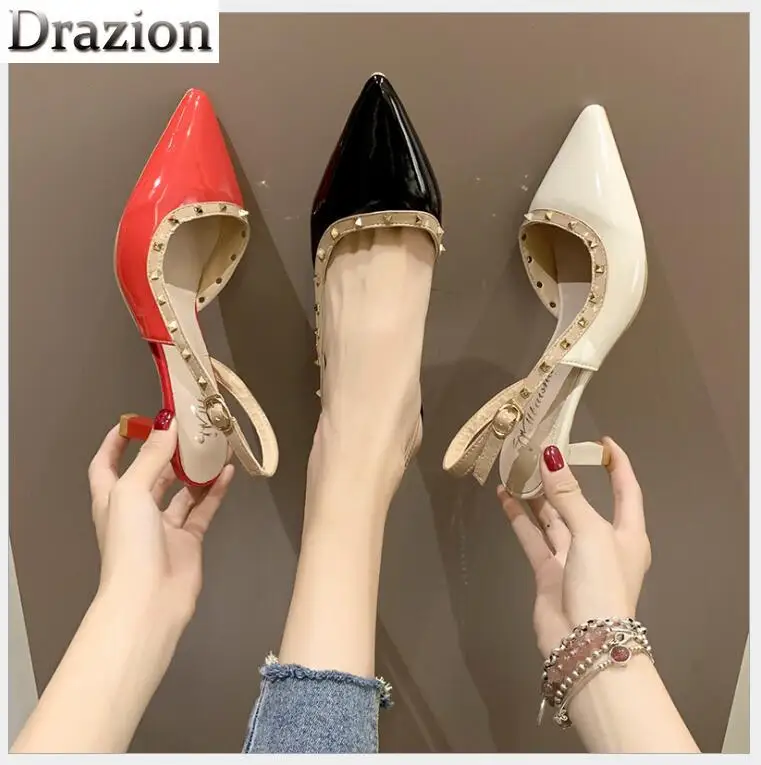 

New sandals women's rivets one-word buckle with Roman wind pointed high-heeled wild professional women's shoes