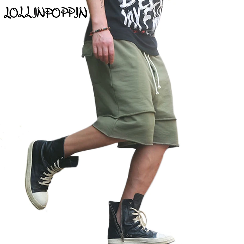 Уличная Для мужчин искусственного двух Армейский зеленый шорты по колено необработанным краем дно Для мужчин s хип-хоп шорты Эластичная