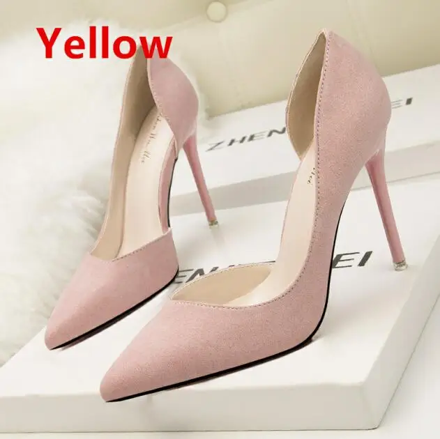 Женские модные летние пикантные замшевые туфли на высоком каблуке с острым носком; женские туфли-лодочки - Цвет: Yellow