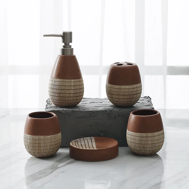 

European-style bathroom products ceramic five-piece retro ceramic cup toothbrush holder soap box bathroom accessories suit