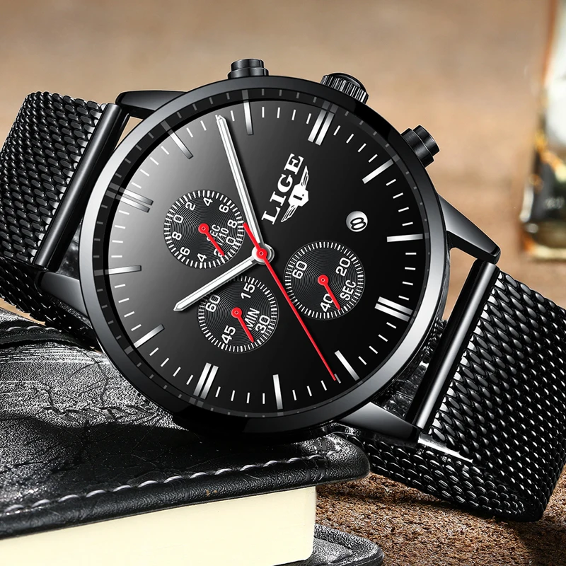 LIGE Luxury Brand Casual Watches Men Simple Business Quartz Watch Man Mesh Strap Date Fashion Black Male Clock Relogio Masculino