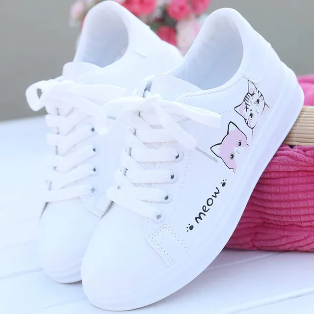 US $9.98 2019 New Arrival Fashion Laceup Women Sneakers Women Casual Shoes Printed Women Pu Shoes Cute Cat 
