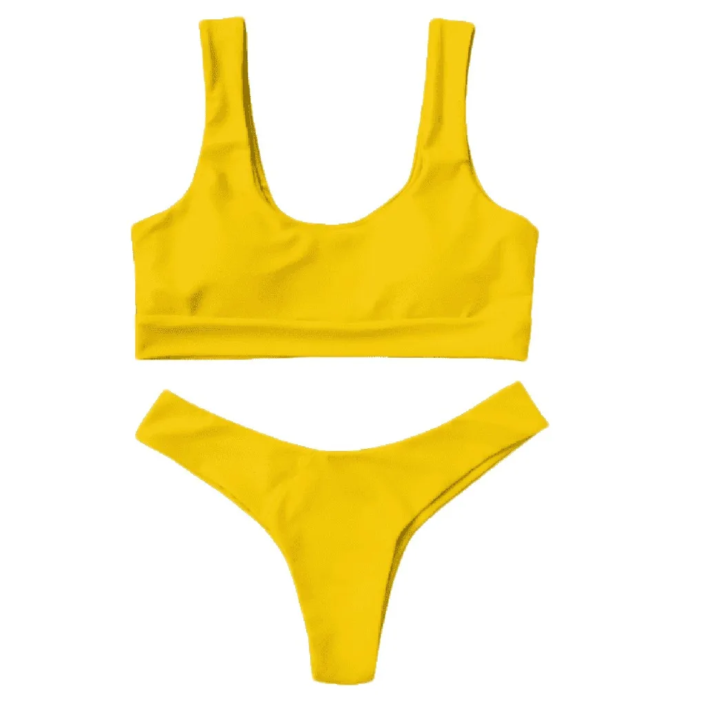 Летний модный женский сексуальный однотонный пуш-ап Мягкий купальный костюм Пляжная одежда комплект бикини из двух предметов для на пляже - Цвет: YE