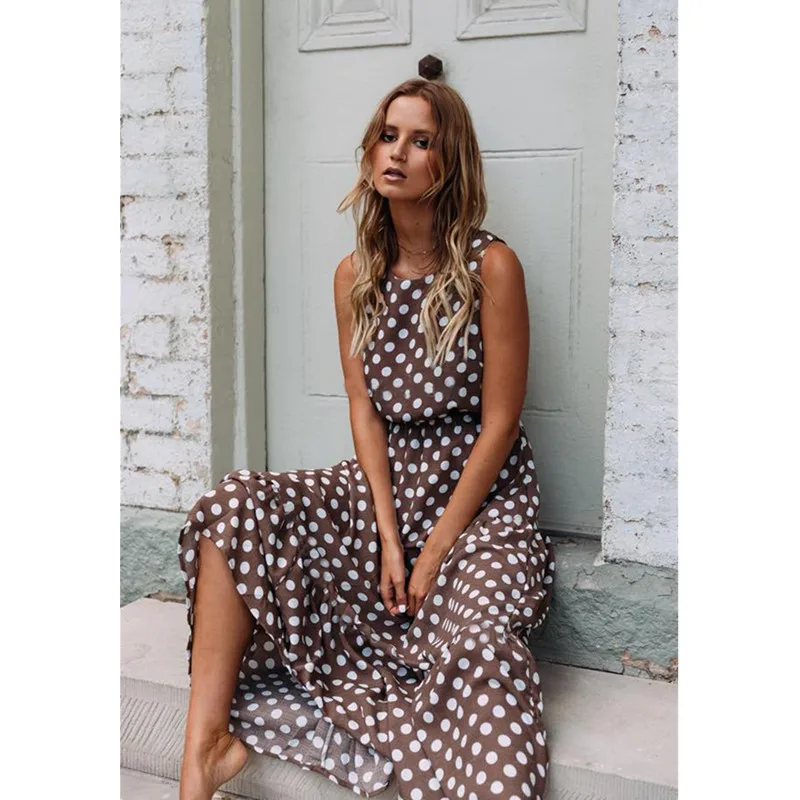 

Sleeveless O Neck Dot Print Maxi Dress 2019 Summer Women Casual Loose Stretchy Elegant Coffee Boho Beach Long Dresses Vestidos