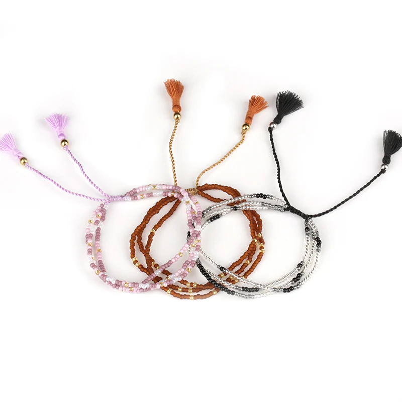 

2mm black white pink brown purple mix color beads tiny tassel charm layers stackable adjustable bracelet for women dropshipping