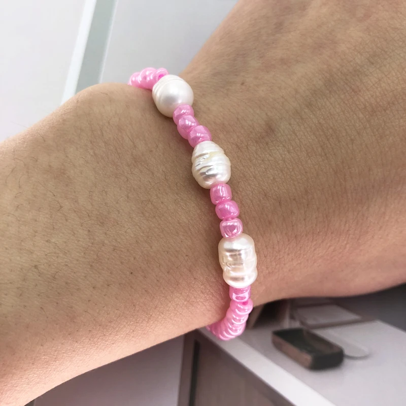 

Original Princess Pink Color Glass Beads Bracelet Genuine FreshWater Pearl Semi-Baroque String Cord Bracelet for Girls/Women