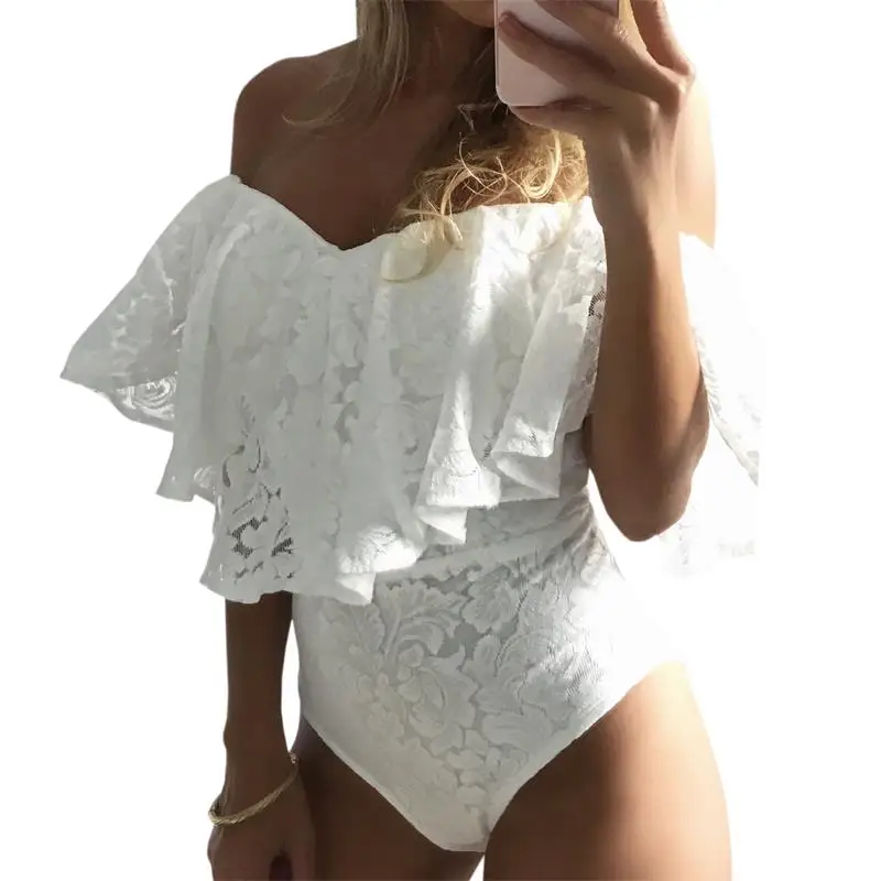 Summer Ruffles Lace Bodysuit Women Jumpsuits Off Shoulder Slash Neck Body Top Beach Overalls Sexy Beach Bodysuits