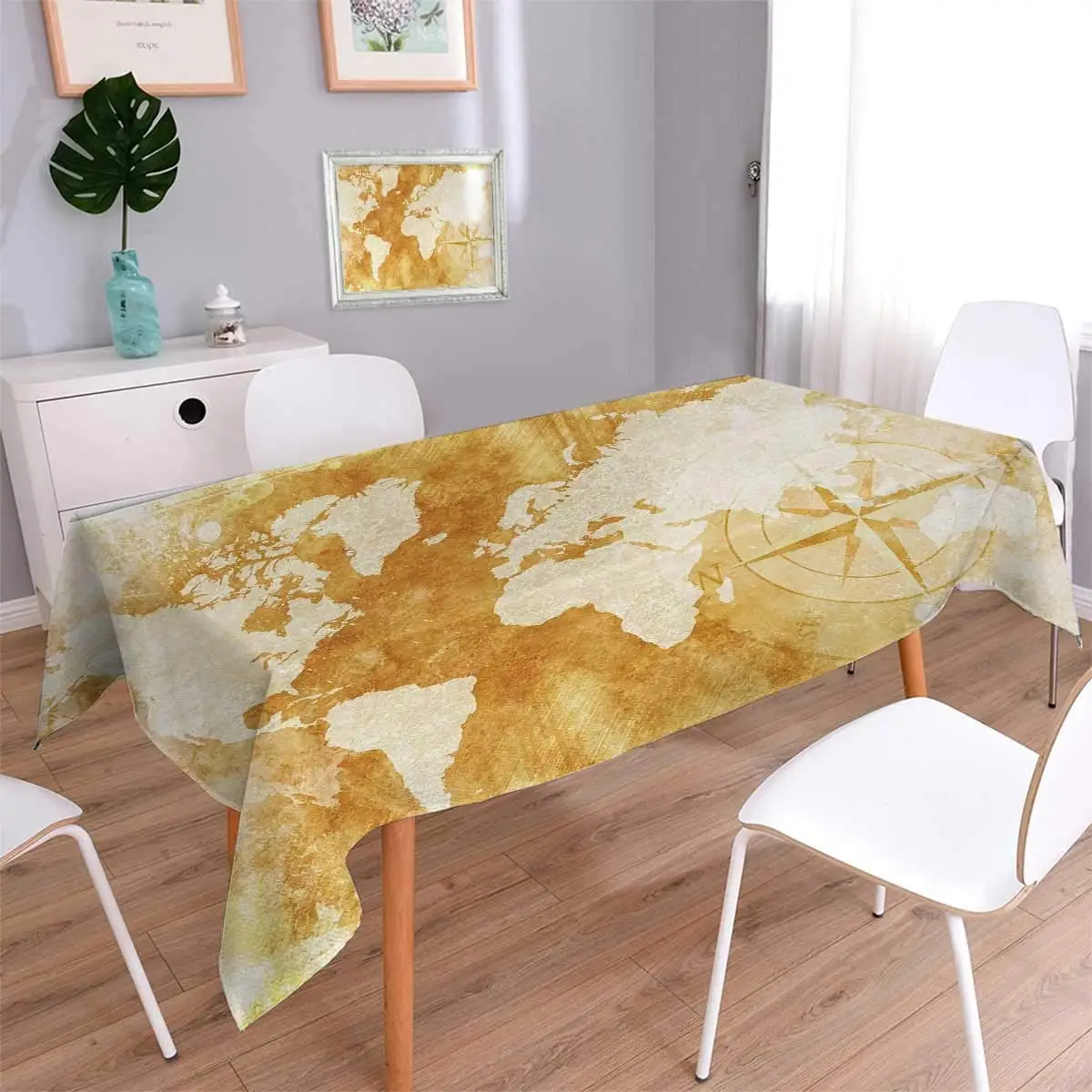 Compass Washable Tablecloth Old Fashioned World Map Design with Compass