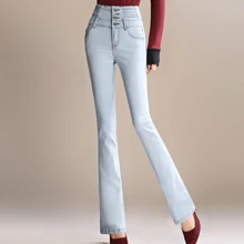 Высокая талия повседневные джинсы для похудения Штаны для женщин большие размеры Полная длина Flare Штаны весна-осень хлопок cfn0601