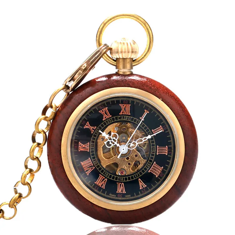

Vintage Transparent Wooden Simulation Gold Skeleton Mechanical Hand Wind Pocket Watch For Men Women Gift P855C