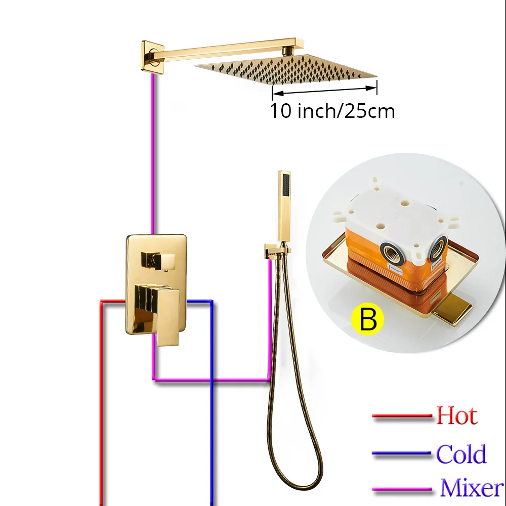Смесители для душа, черный латунный настенный смеситель для ванной, дождевая душевая головка, квадратный большой ручной водопад, смеситель для душа, набор 138899 - Цвет: 10inch B Gold Color